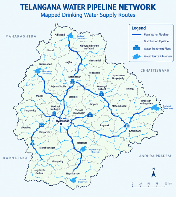 Map of Telangana showing mapped water pipeline routes used for OFC alignment