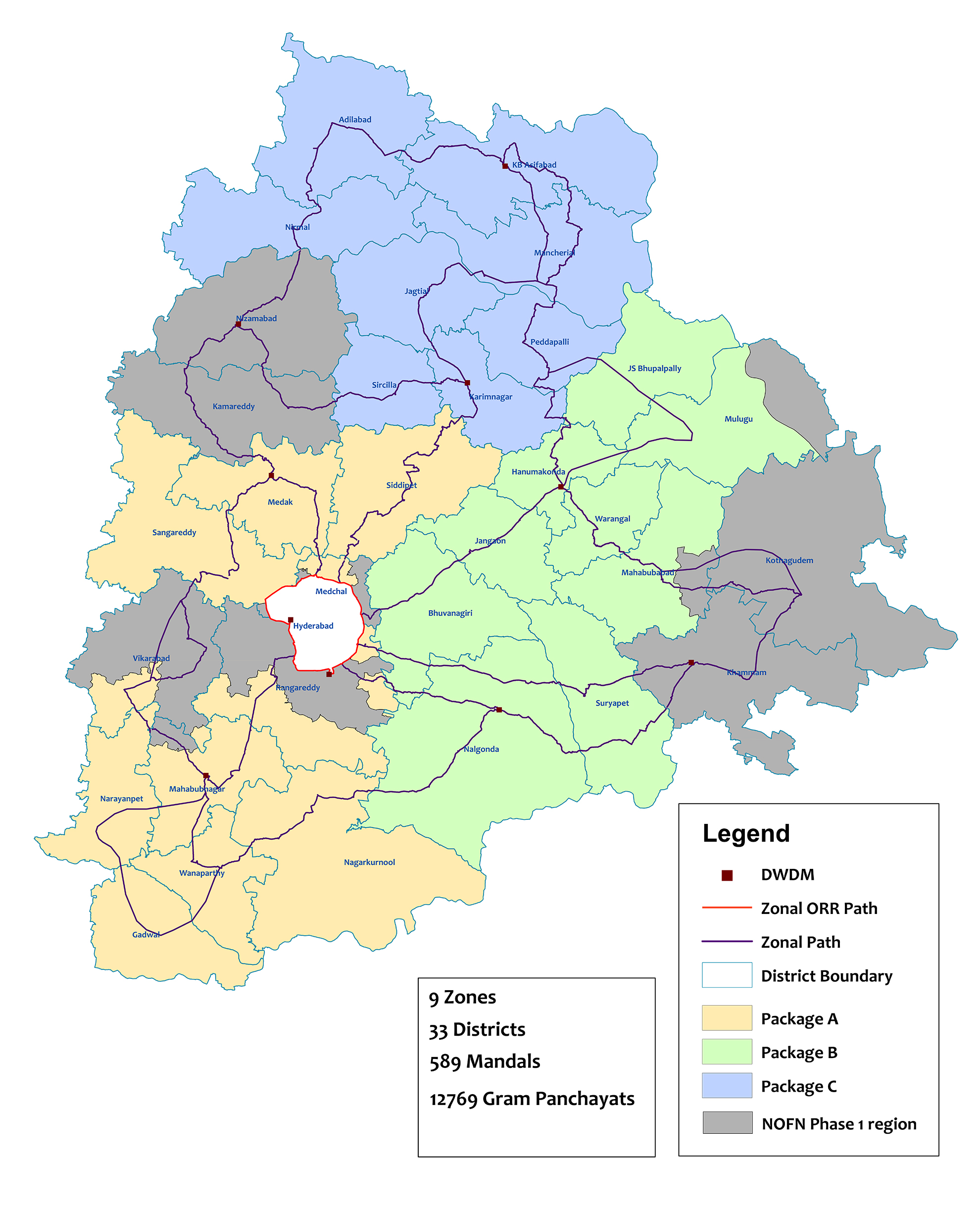 Illustrative map of network coverage bands across districts